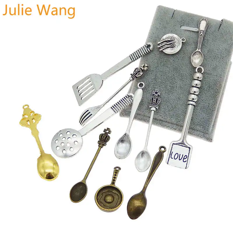 Julie Wang 12PCS Mixed Spoon Cooking Shovel Saucepan Fork Charms Alloy Tableware Bracelet Jewelry Making Pendant Metal Accessory