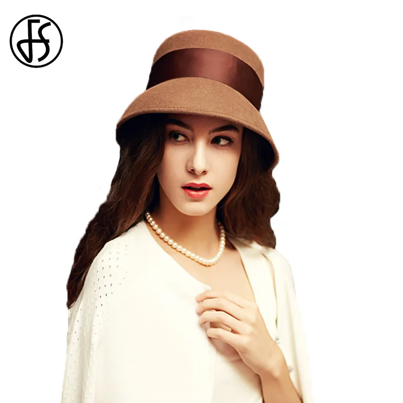 FS Black Winter Hats Women Wide Brim Wool Fedora Elegant Bowler Cloche Felt Caps Vintage Ladies Church Hat Sombreros Mujer