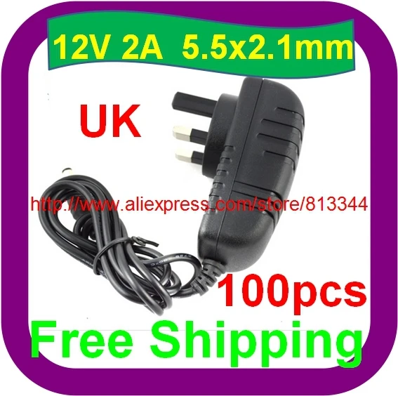 

100 pcs Free Shipping UK 3 Pin AC 100V-240V Adapter DC 12V 2A LED Light Power Supply Charger