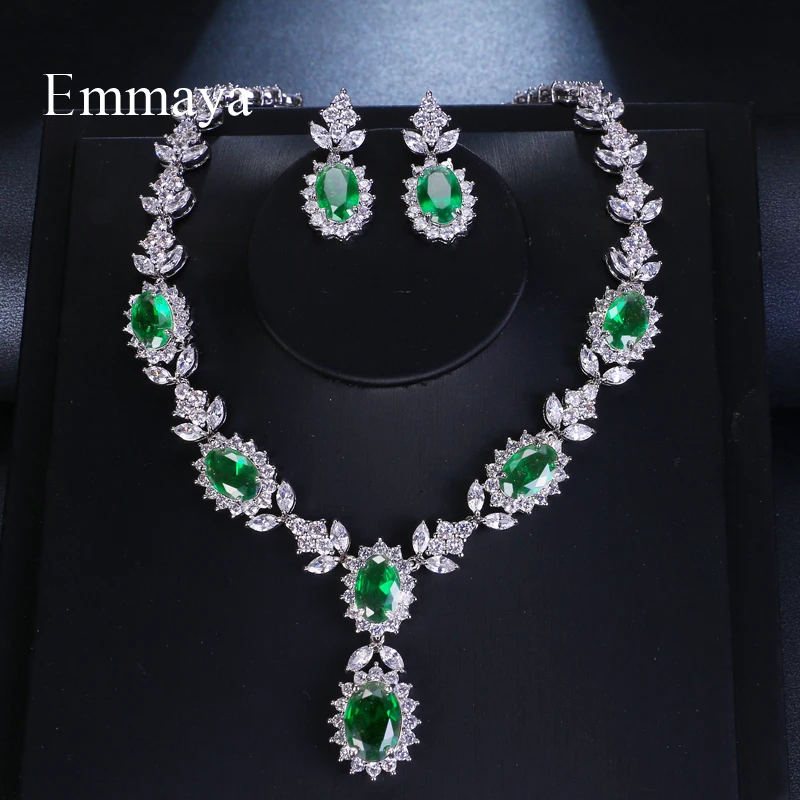 Emmaya Brand Fashion Luxury Cubic Zirconia Bridal Jewelry Sets Green Oval Crystal Rhinestone Party Wedding Jewelry Necklace Sets