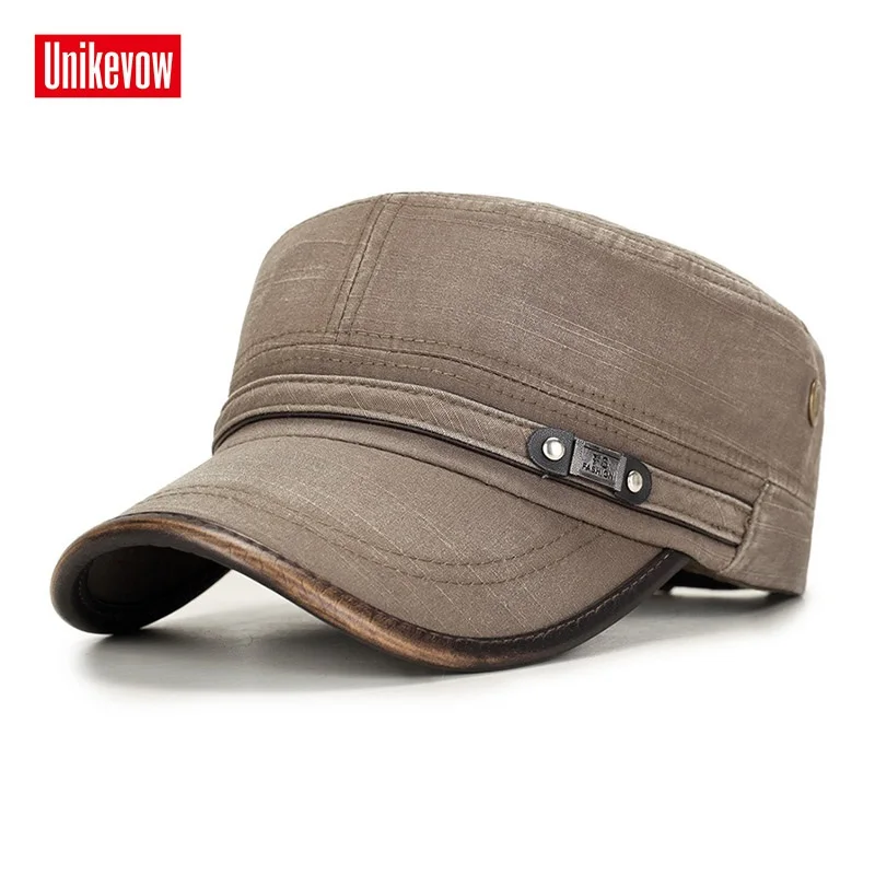 UNIKEVOW 100% cotton Flat Top Hat for men Vintage Hat Cadet Patrol Cap outdoor cap with Pu visor