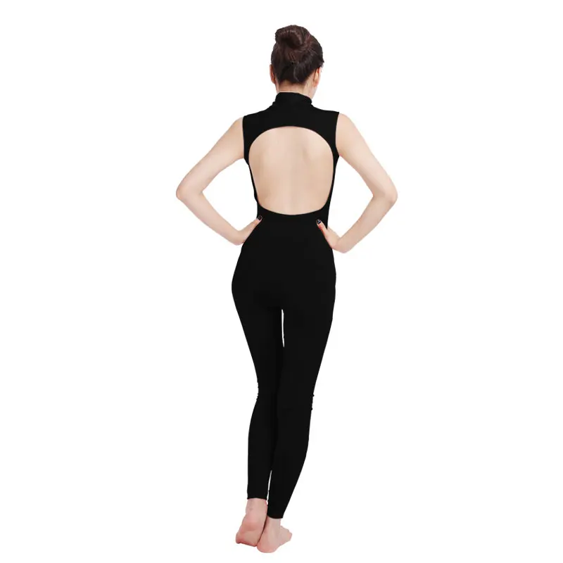 Ensnovo damskie Spandex Zentai garnitury Zipper przód body Backless Dancewear czarny Unitard przebranie na karnawał