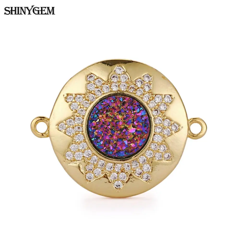 

SHINYGEM 18*24mm Natural Crystal Druzy Gemstone Inlay Rhinestone Charm Gold Plated Connectors For DIY Jewelry Making Earrings