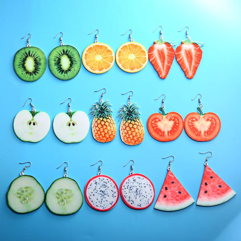 RINHOO Acrylic Fruit Earrings For Women Strawberry Pineapple Tomato Kiwi Orange Cucumber Dragon Apple Pineapple Jewelry Earrings