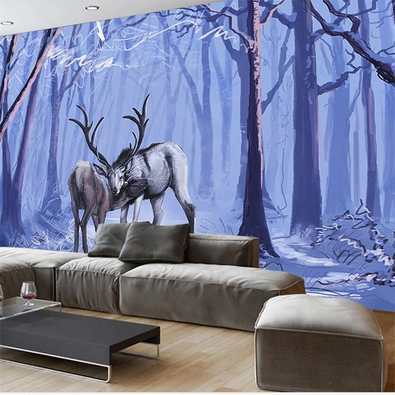 

wellyu Nordic hand-painted small fresh deer forest fantasy scenery oil painting wall custom large mural wallpaper Mural