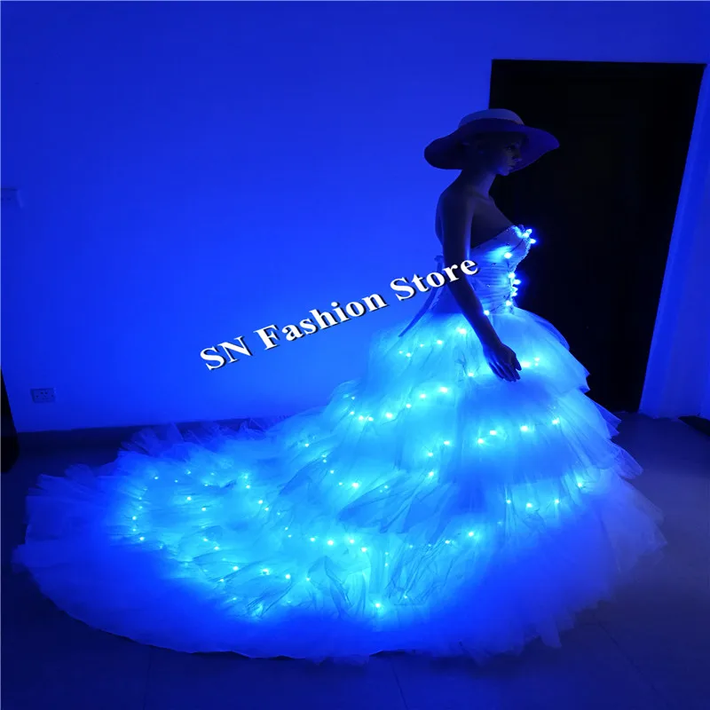 

SS8 LED light women dresses party event blue light dress ballroom dance costumes stage show club singer wears wedding dj cloth