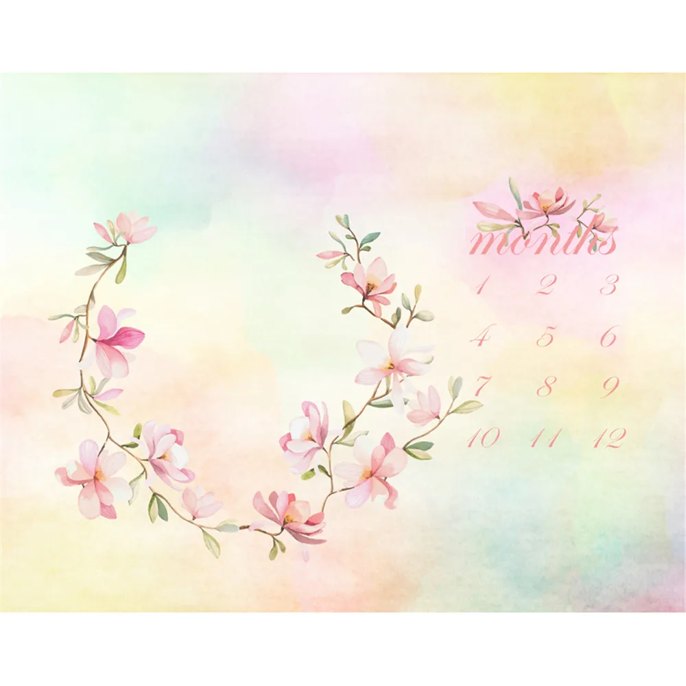 

Pastel Watercolor Newborn Calendar Photography Backdrops Printed Pink Floral Wreath Baby Kids Birthday Photo Booth Background