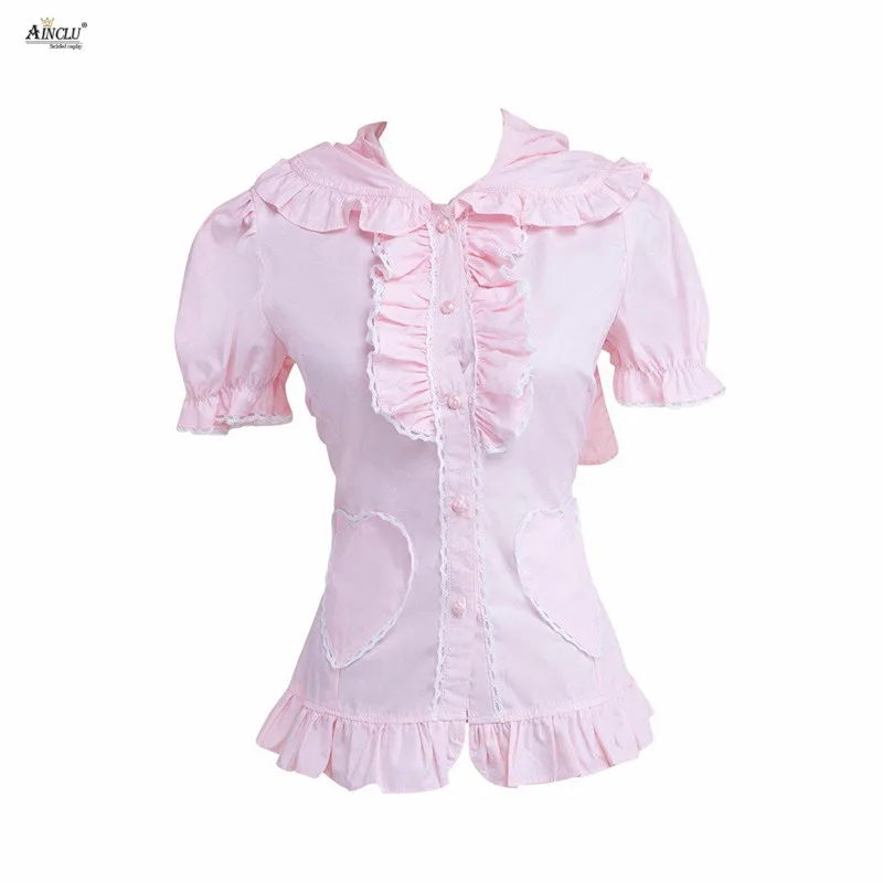 

Casual/Party/Halloween,/Christmas Ainclu Womens Sweet Pink Short Sleeves Defined Waist Cotton Lolita Blouse With Cap/Ribbon