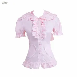 Casual/Party/Halloween,/Christmas Ainclu Womens Sweet Pink Short Sleeves Defined Waist Cotton Lolita Blouse With Cap/Ribbon