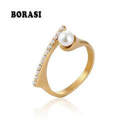 BORASI New Pearl Crystal Rings For Women CZ Fashion Rings Jewelry Stainless Steel Gold Color Trendy Engagement Party Gift Rings