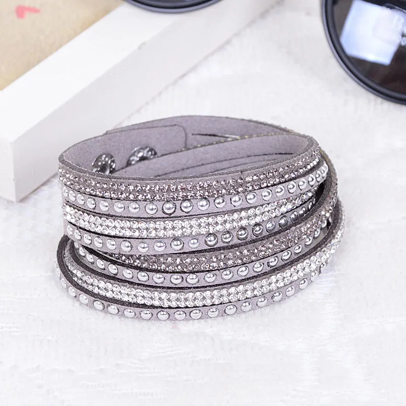 9 colors Ebay Hot Slake Deluxe Bracelet Rivet Multi-layer Wrap Austrian Crystal Leather Bracelet Bangles For Women