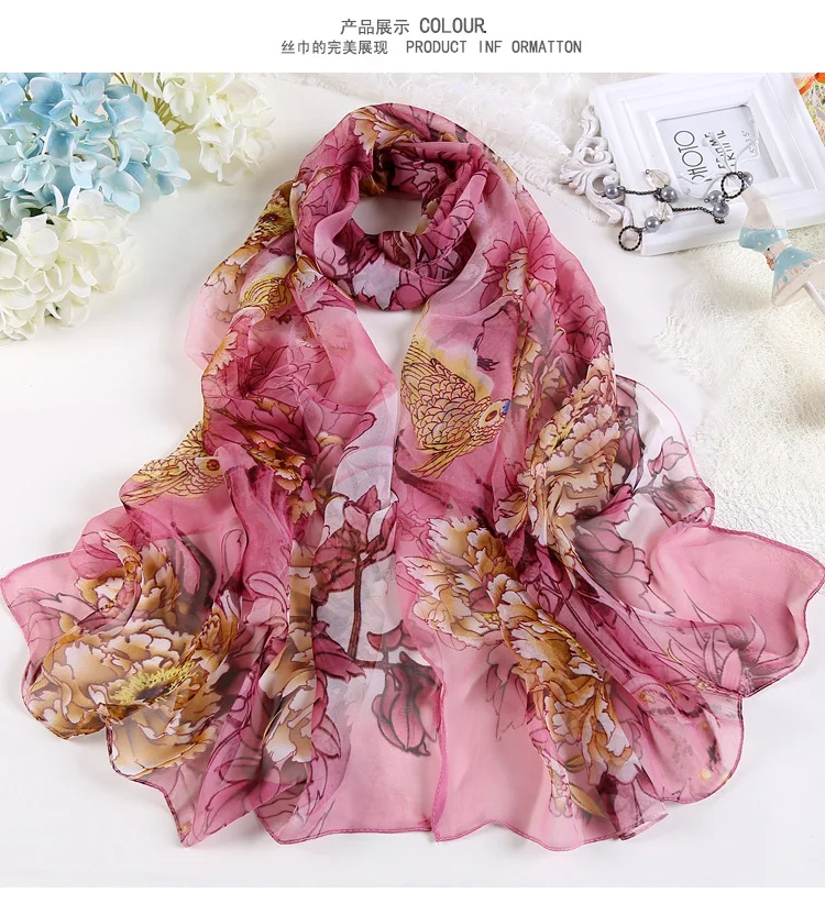 Hot Fashion Summer Chiffon Georgette Scarf Parrot Peony Print Women Foulard Long Shawl&Wrap Bandana Elegant Thin 50*160cm M163