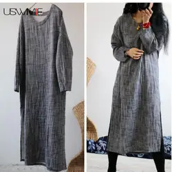 USWMIE 2020 Spring Literature Retro Simple O-neck Casual Loose Plain Old Dress Mid-calf Solid Color Both Sides Split Vestidos