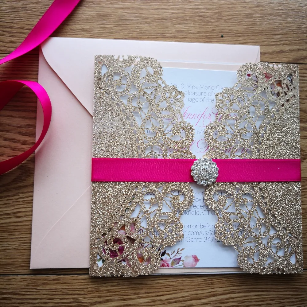 

50pcs/set free envelop and free seal Elegant Flora Design glitter paper laser cut invitation muti color available