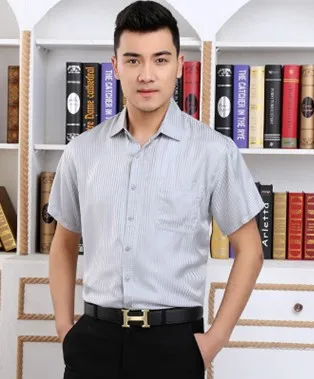 

Plus Size striped aluminium 2024 mulberry silk silk short sleeve shirt men's leisure