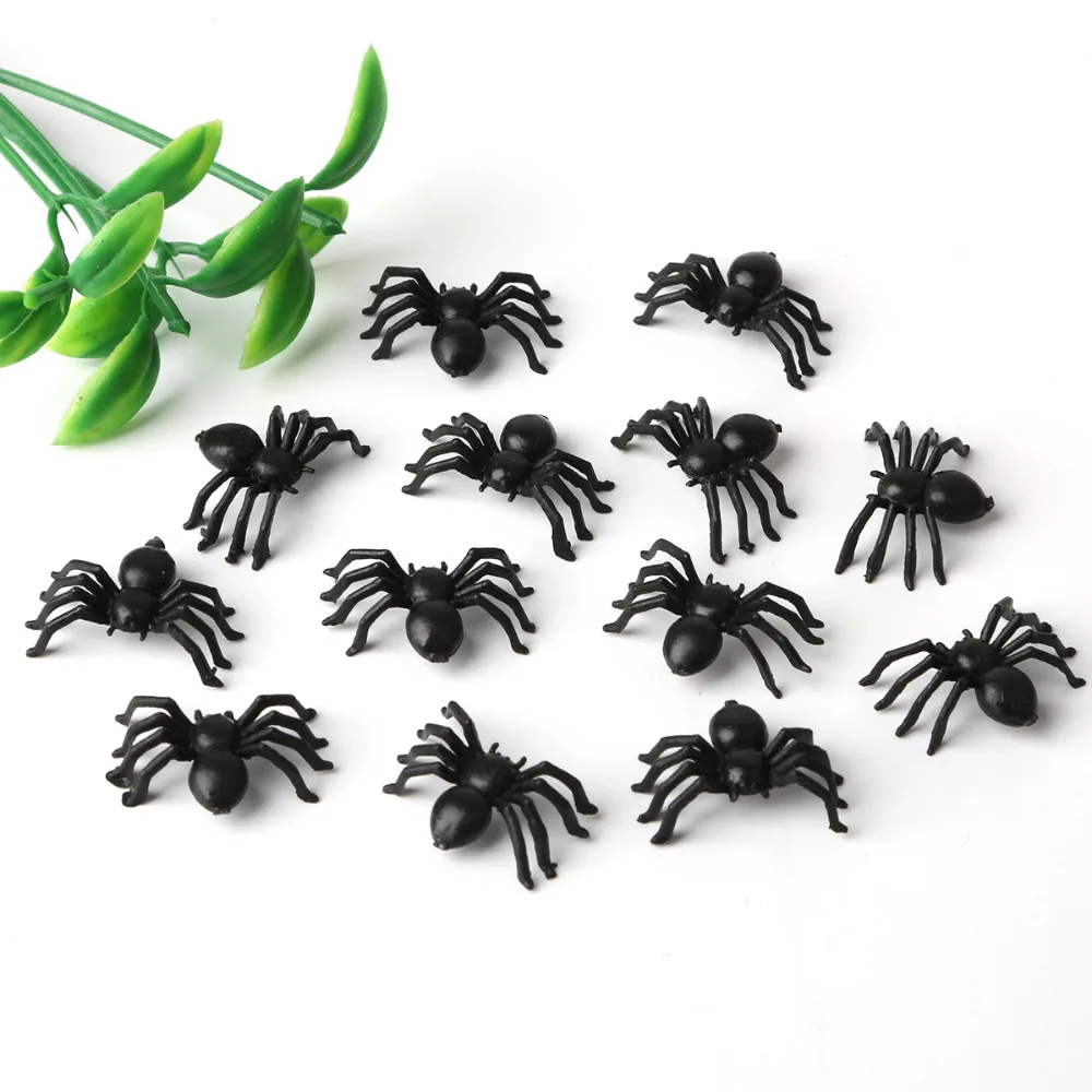 50 pcs 21*14mm Halloween Decoration Black Plastic Spider Funny Black Fake Spiders Halloween Funny Joking Prank Realistic Props