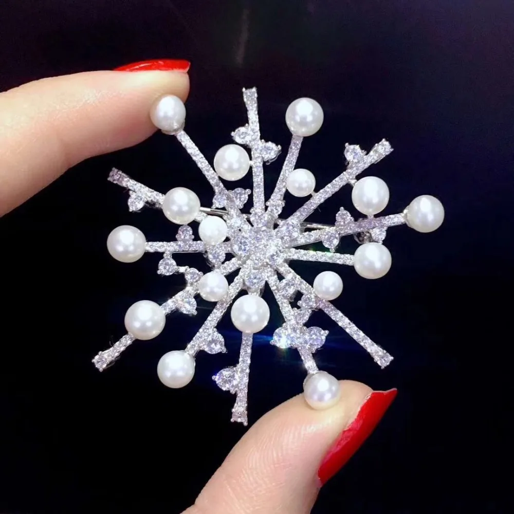 natural fresh water pearl brooch  fireworks 925 sterling silver with cubic zircon fine women jewelry for coat  54MM