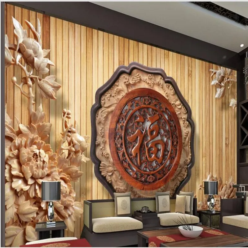 

wellyu Custom large - scale murals 3D three - dimensional wood carving peony flowers living room TV backdrop wallpaper