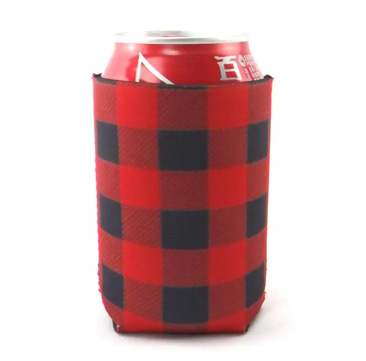 Red Buffalo Check Cooler Bag Wholesale Blanks Neoprene Black Red Plaid Can Covers Wedding Gift Tin Wraps free shipping SN1288