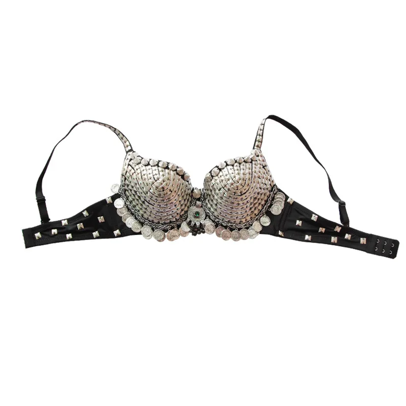 Vintage Dancewear Silver Chain Metallic Studs Bra B/C CUP Vintage Coins Bra Gypsy Dance Tops Tribal Belly Dance Bra