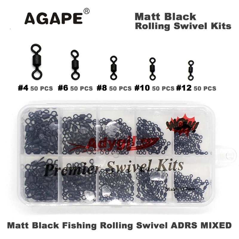 

Agape Matt Black Fishing Rolling Swivel Kits ADRS MIXED Rolling Swivel #4 #6 #8 #10 #12 250pcs/lot