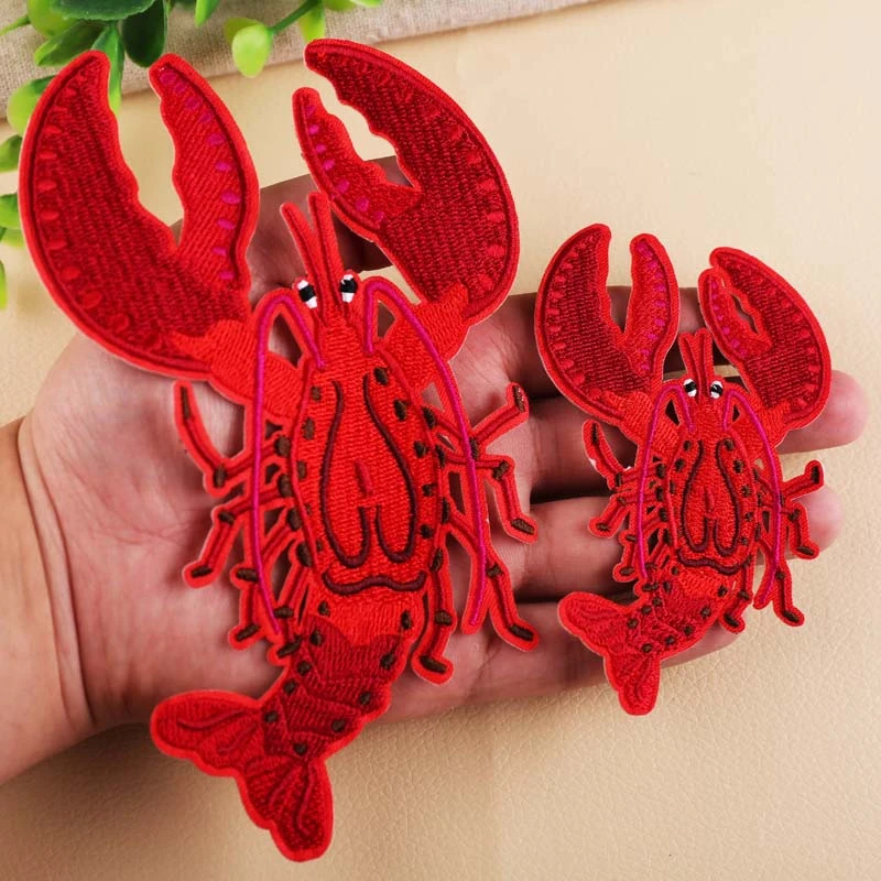 1PC embroidered Cartoon Red Color Big Size Lobster Patch DIY Fabric Stickers Fashion Cute Kids Clothes Hole Badges