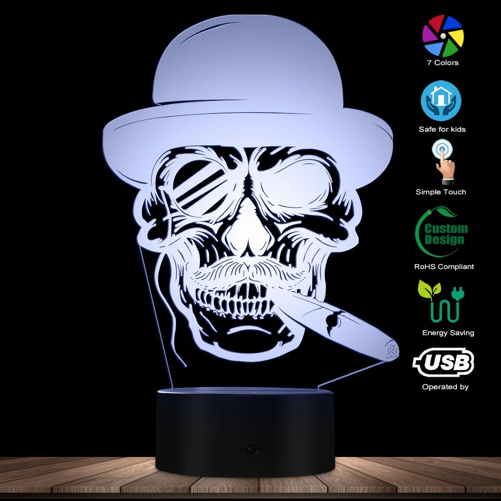 Skull In Hat With Cigar And Monocle Emblem 3D Lighted Sign Cigar Smoking Skull Lamp Halloween Skeleton Smoke LED Night Light