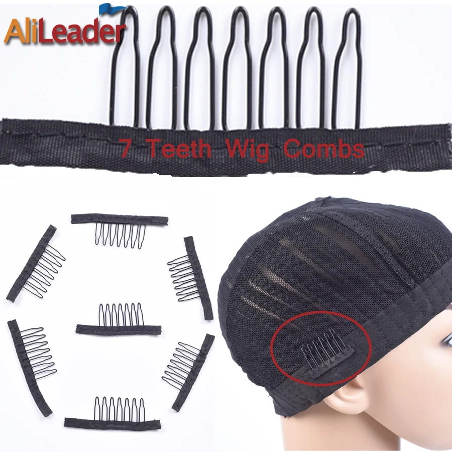 Good Quality 10-100Pcs 7 Theeth Stainless Steel Wig Combs For Wig Caps Wig Clips For Hair Extensions Strong Black Lace Hair Comb