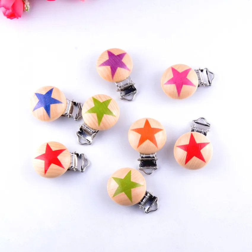 10PCs Baby Pacifier Clips Mixed Pattern Star Natural Wood Metal Holders Cute Infant Soother Clasps Funny Accessories 4.4x2.9cm