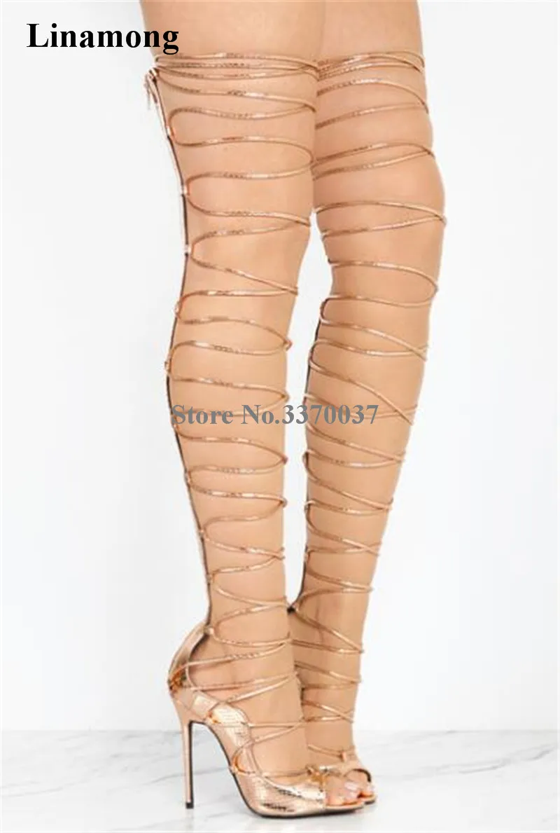 2018 New Fashion Women Open Toe Gold Black Lace-up Over Knee Gladiator Boots Straps Design Thigh High Long High Heel Sandal Boot