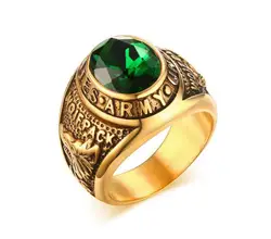 Plated Gold stainless steel Ring Band Large Green zircon Stone 8-12# Unisex Men army Gifts Hip-Hop