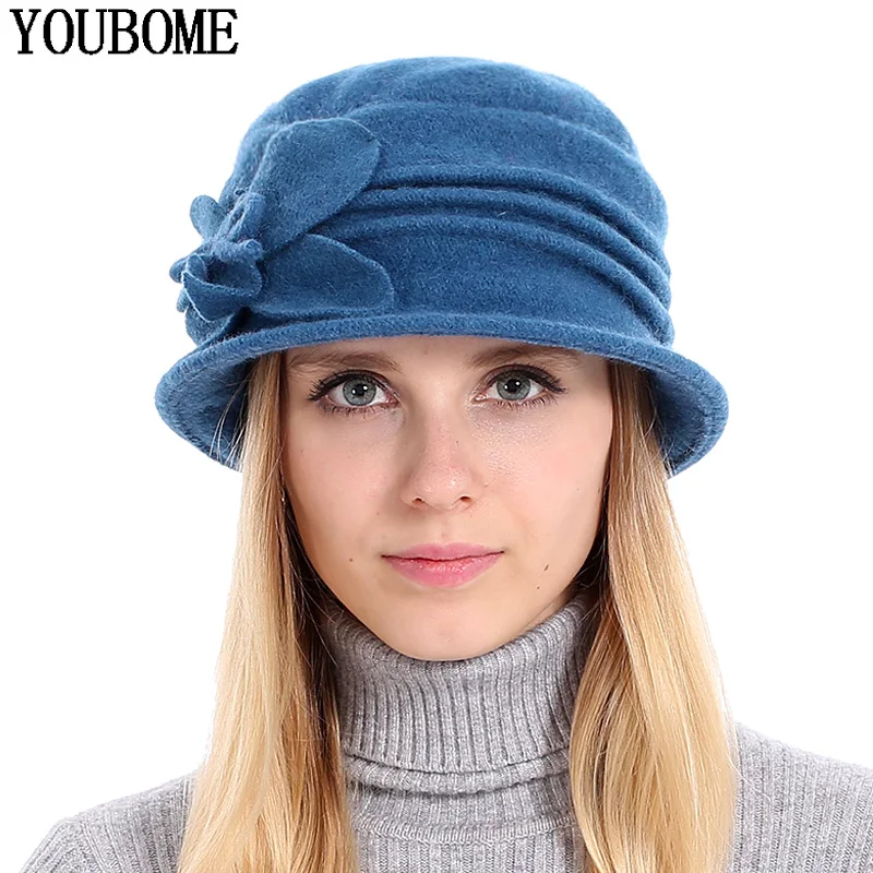 YOUBOME Women Fedoras 100% Wool Dome Autumn Winter Hats For Women Floral Casual Warm Lady Floppy Solid Soft Girl Female Fedoras