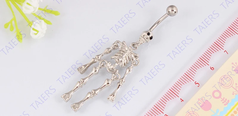 Body Skull belly button ring Skeleton body piercing jewelry Retail navel ring belly bar 14G 316L surgical steel bar