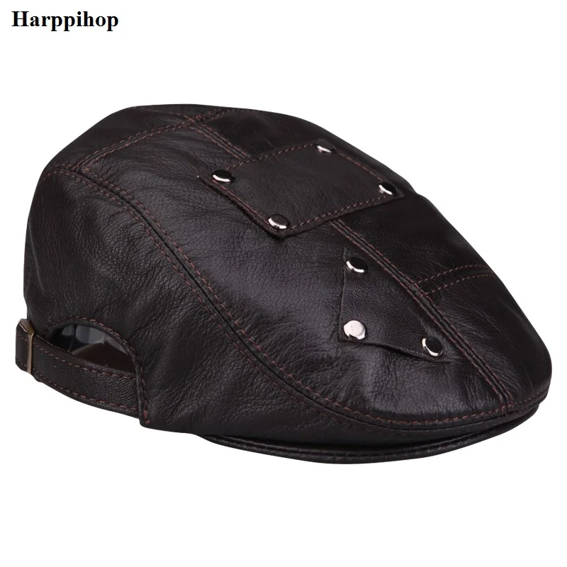 

winter Man Casual Beret Hat genuine leather fashion classic Hat Adjustable Breathable hat clinch bolt design real leather caps