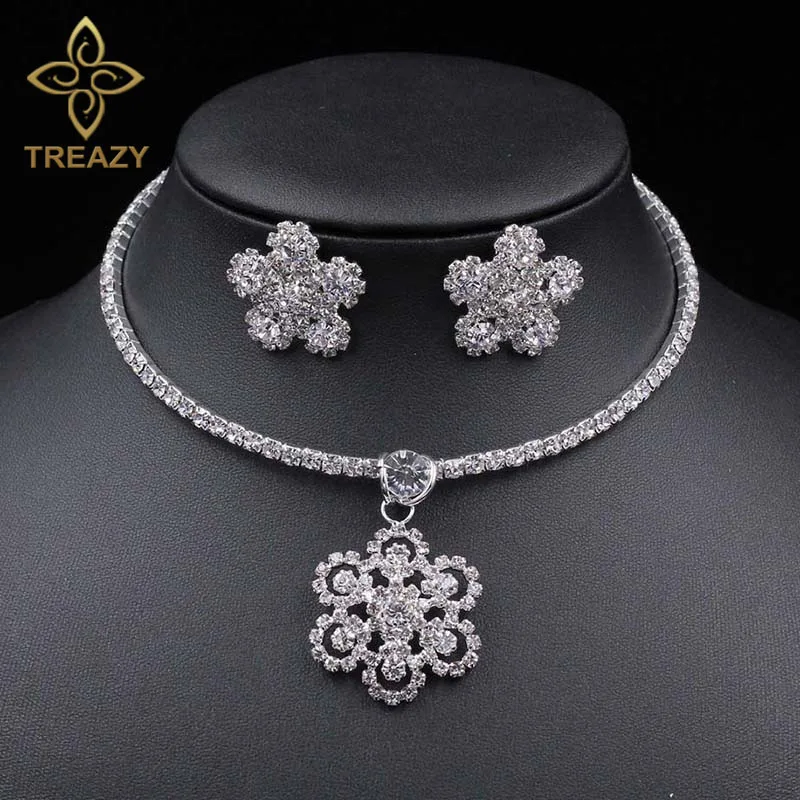 TREAZY Crystal Bridal Wedding Jewelry Set Rhinestones Flower Pendant Choker Necklace Earrings Set for Women African Jewelry Set