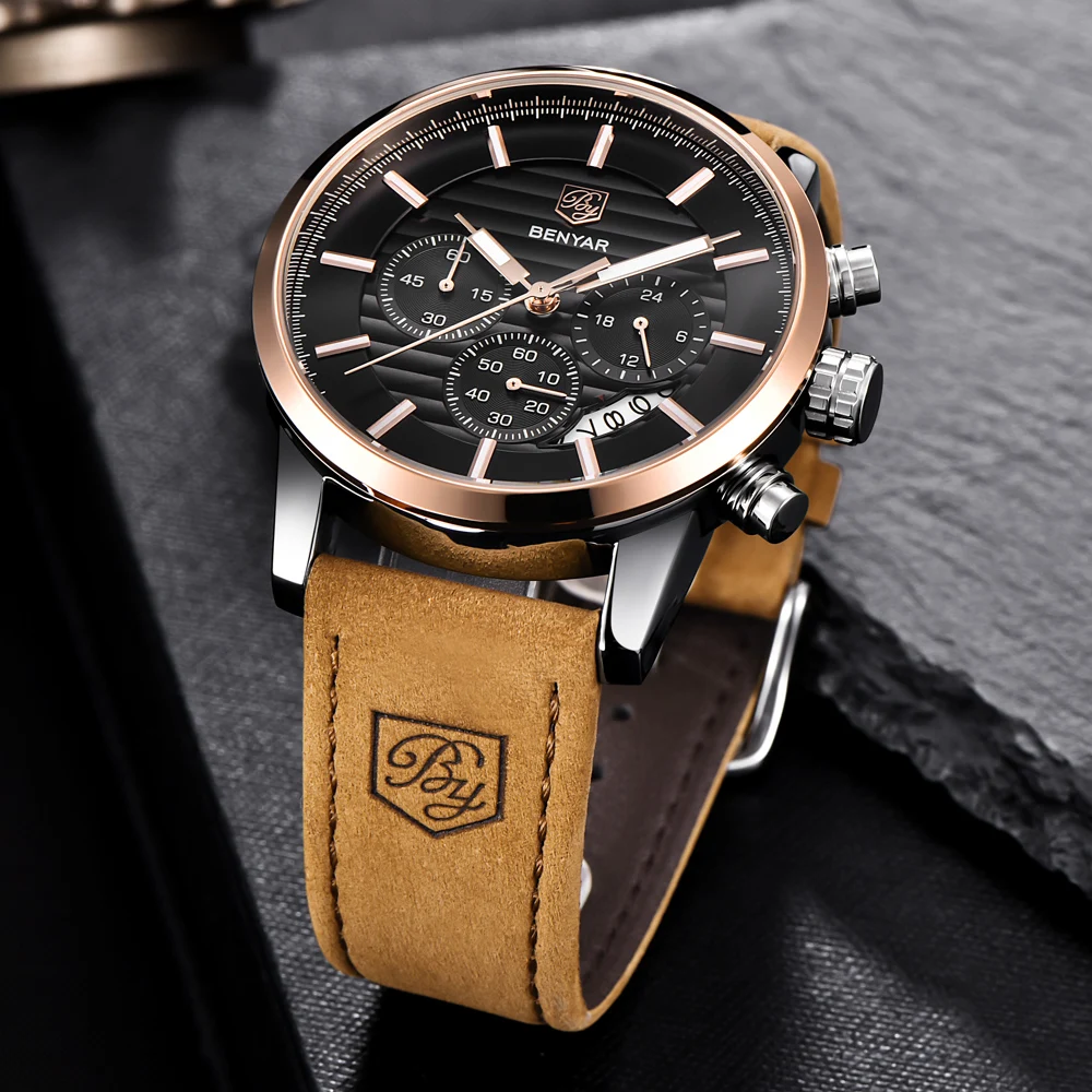 2019 BENYAR Top Brand New Casual Fashion Men Quartz Watch Luxury Military Leather Strap Chronograph Men Watch Relogio Masculino