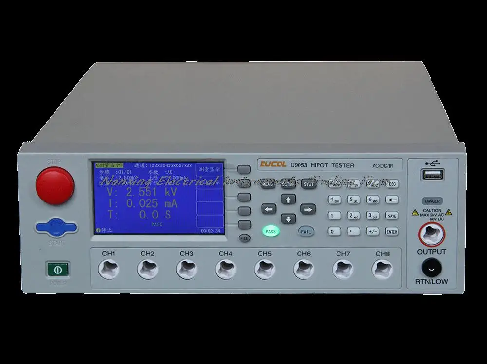 

Eucol U9053 8-Channel Hipot Tester AC:5kV, DC: 6kV, AC 30mA,DC 10mA Insulation resistance test:0.1-10G OHMS