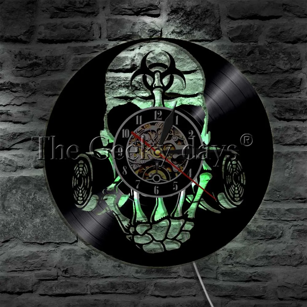 Toxic Biohazard Zombie Gas Mask Skull Vinyl Clock Led Wall Light Remote Control Modern Art Backlight Living Room Interior