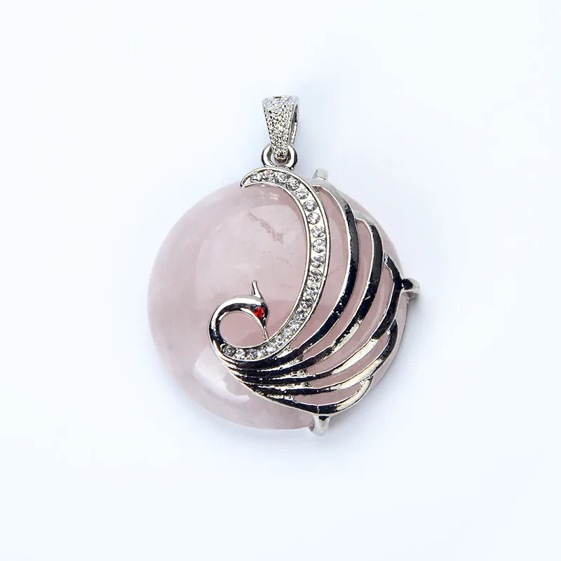 Fashion Jewelry Rose Pink Quartz Opal Aventurine Oblate Round Bead Inlaid Rhinestone Copper Metal Peacock Pendants for Necklace
