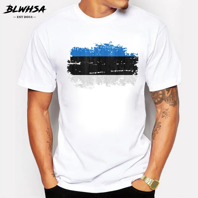 BLWHSA Summer Nostalgic Style Men T Shirt Estonia Flag Print Cotton Casual Fitness Man T-shirts O-neck  Mens Top&Tees