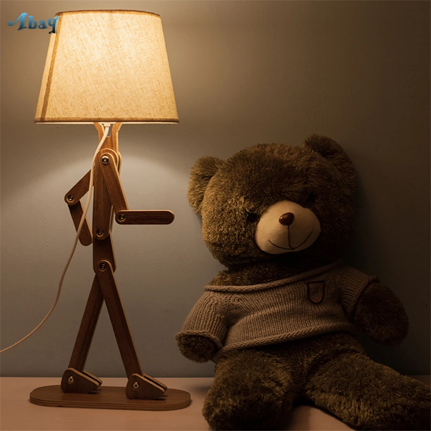 

Nordic Robot Wooden Table Lamps Bedroom Bedside Living Night Lights DIY Assembly Children's Study Fabric Desk Lamps Fixtures