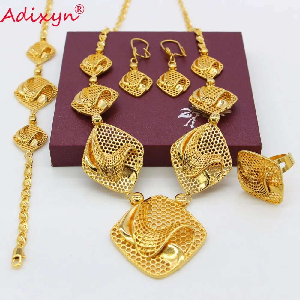 Adixyn Rhombus Ring/Earrings/Necklaces/Bracelet Jewelry sets for Women Gold Color African/Nigeria Jewellery Gifts N09052