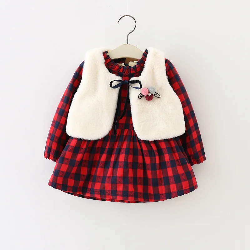 

Baby girls Casual clothes Autumn /winter long sleeve plaid dress +vest 2pcs/sets