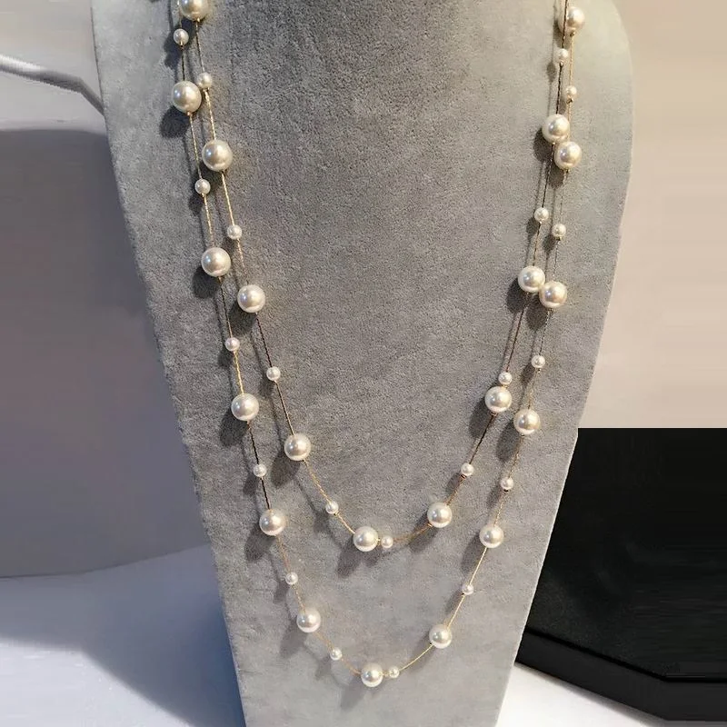 White Simulated Pearl Jewelry Multi-Layer Long Necklace Women Bijoux Fashion Classic Beads Chain Necklaces & Pendants Gift