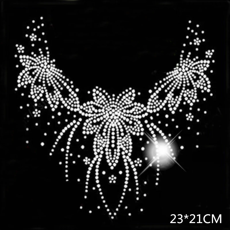 23*22cm 3 color hotfix rhinestones motif heat transfer iron on patch garment patch for women dress neckline Sweater