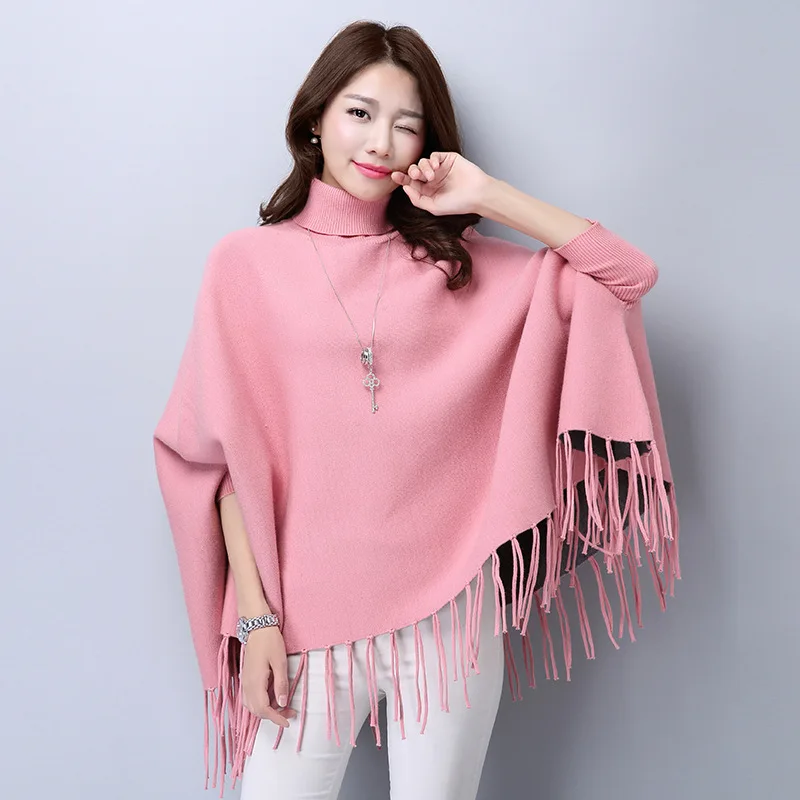 7 Colors Tassel Poncho Overcoat Autumn Knitted Long Bat Sleeves Korean Version Loose Sweater Women High Neck Pullovers Knitwear