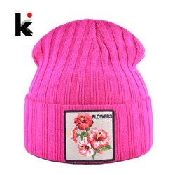 Women's Hat With Flower Patch Autumn Winter Knitted Skullies Beanies Women Winter Soft Double Layer Knit Bonnet Caps Men Gorras