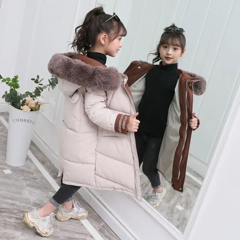 2024 Fashion Children Winter down cotton Jacket Girl clothing Kids clothes Warm Thick parka Fur Collar Hooded long Coats 3-14Y