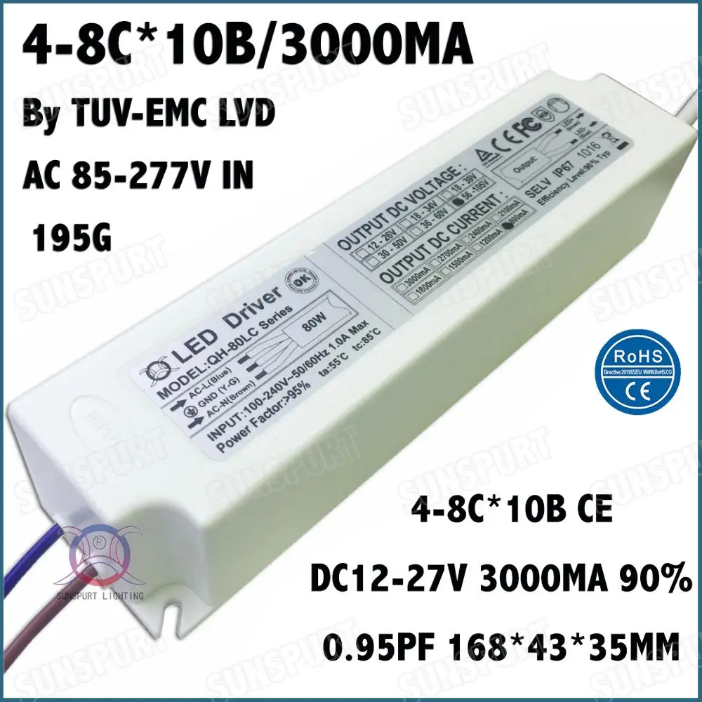 

2 Pcs By TUV-EMC LVD 80W AC85-277V LED Driver 4-8Cx10B 3000mA DC12-27V Constant Current LED Power For Panel light Free Shipping