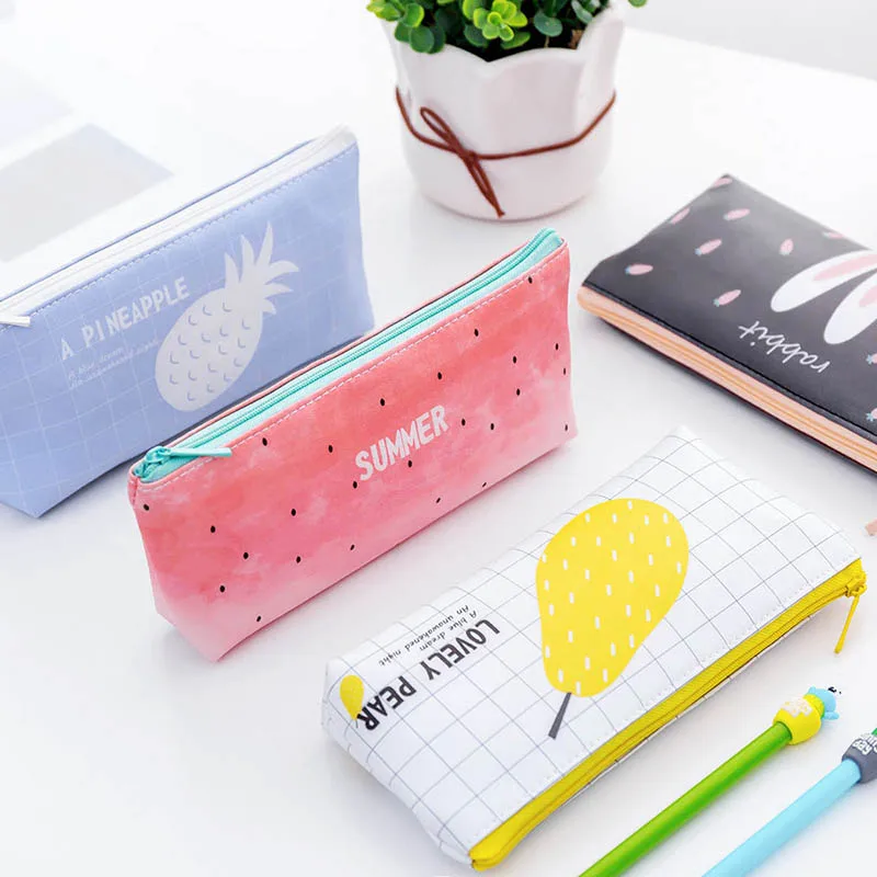 Cute Summer Fruit Pencil Bag Fashion PU Watermelon Pen Bag Cartoon Rabbit Pencil Case For Girl Stationery Office School Supplies